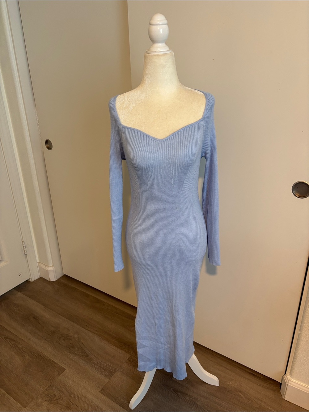 Light Blue Ribbed Long Sleeve Midi Dress - Women